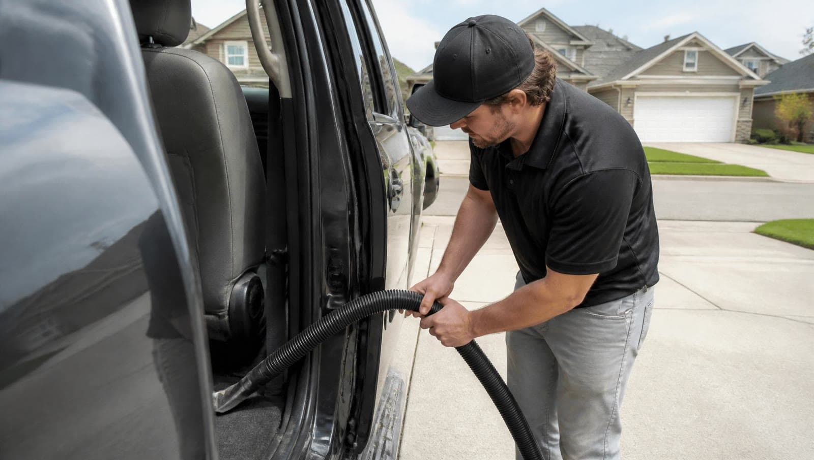 A detailer vacuuming the interior of a modern truck.
