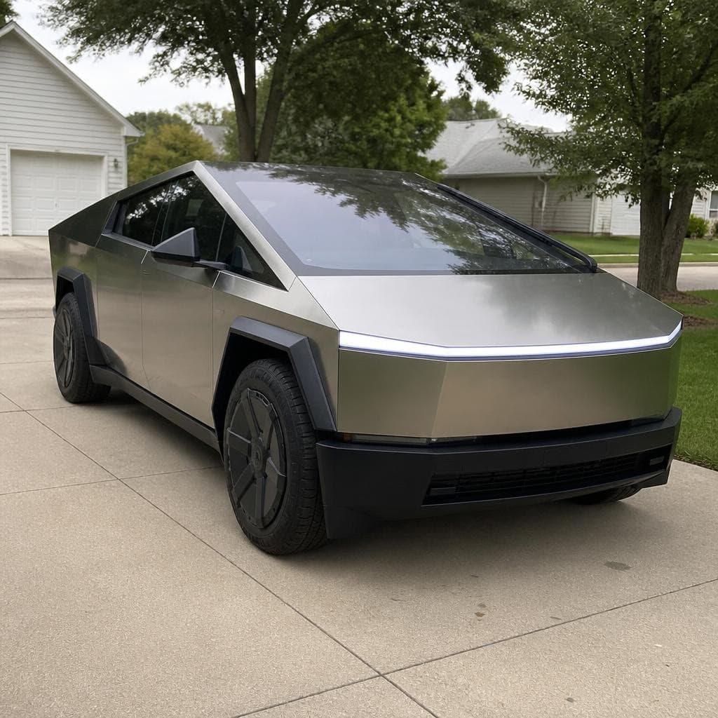 A matte gray Tesla Cybertruck in a driveway.