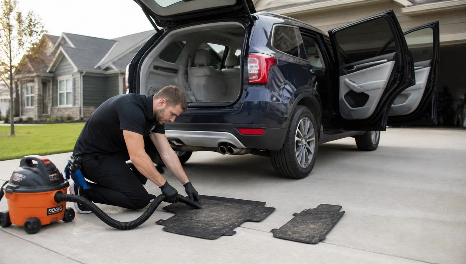A detailer vacuuming the floor mats of a family SUV.