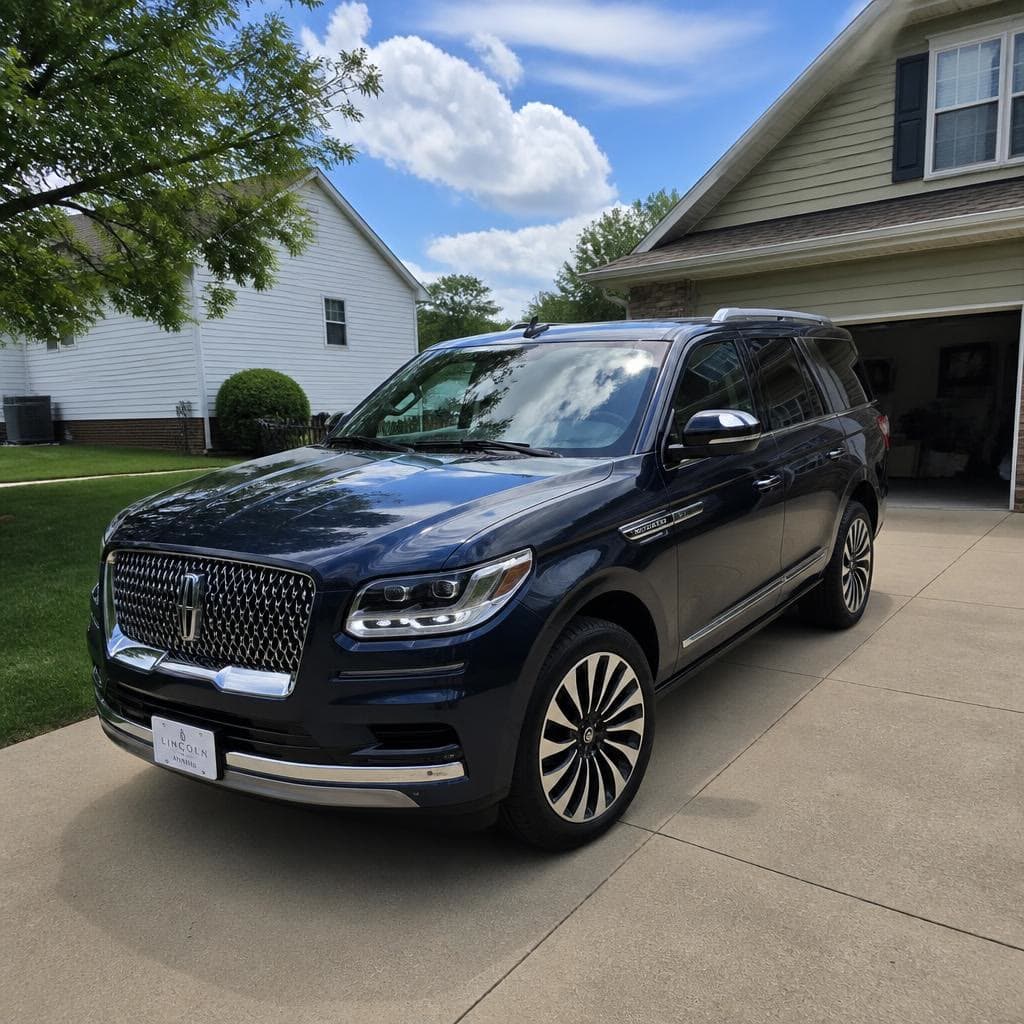 A deep blue Lincoln Navigator in a wide driveway.