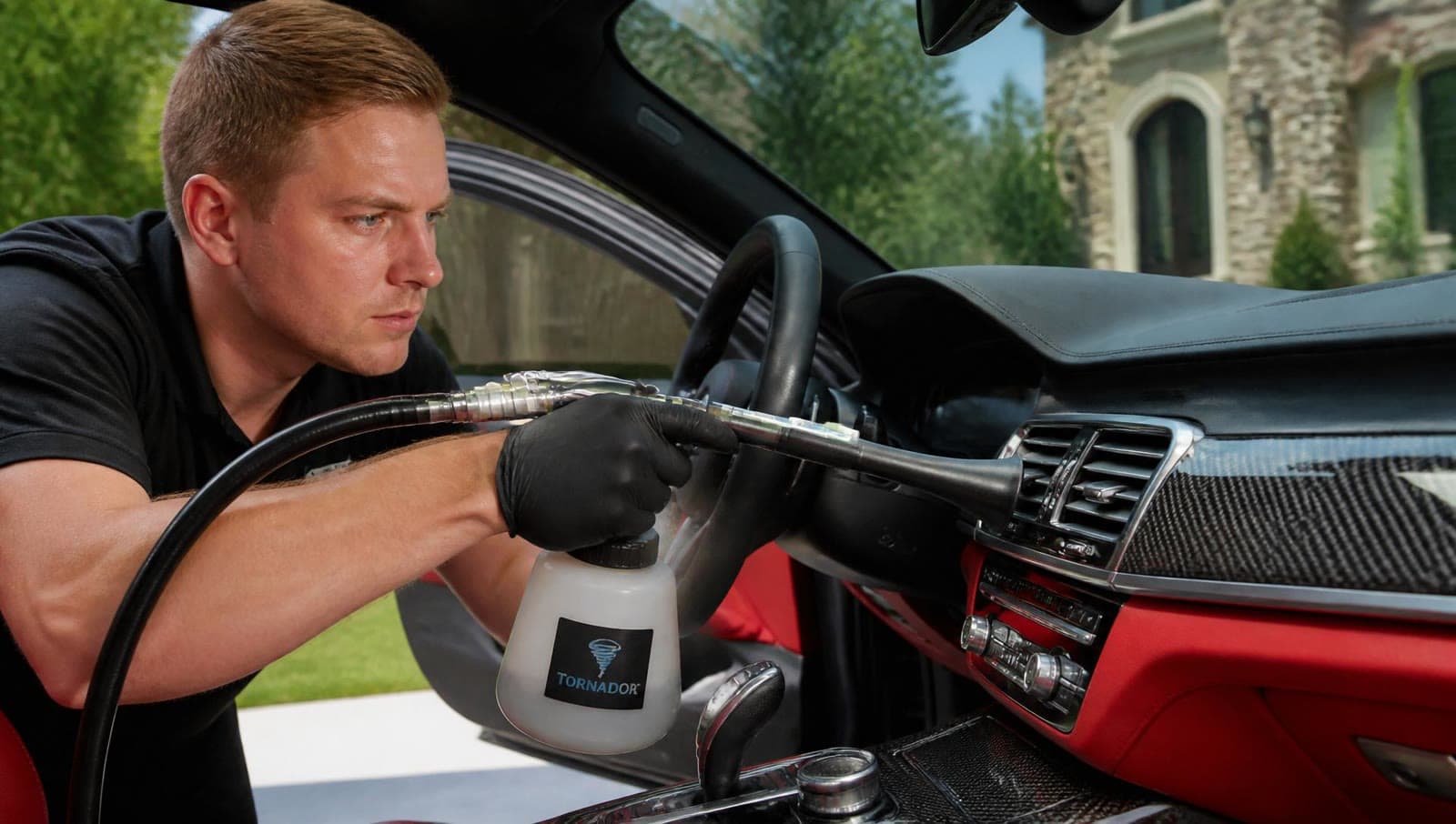 A detailer cleaning interior vents with a tornador.