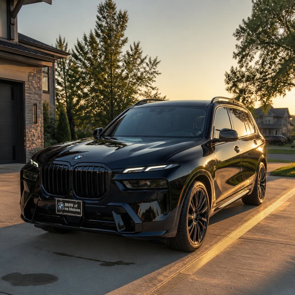 A black BMW SUV in a driveway at golden hour.