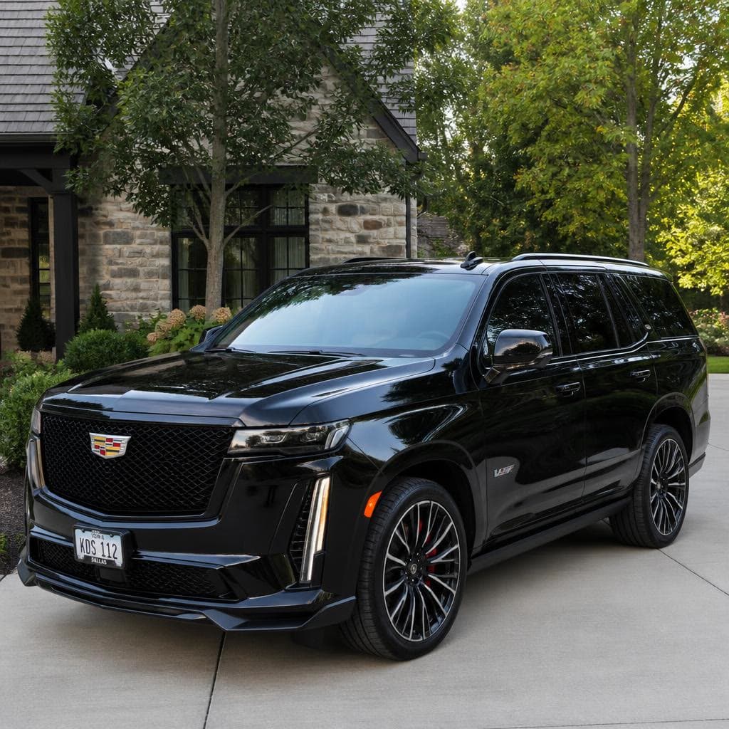 A black Cadillac Escalade in a driveway.