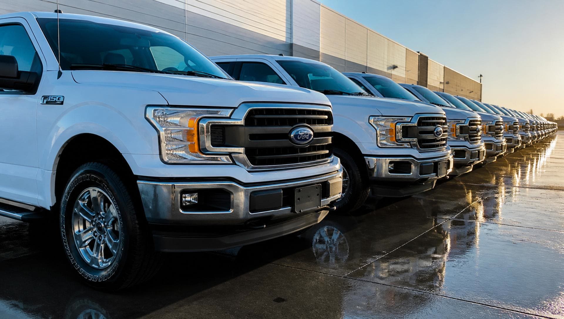 A row of white Ford F-150 trucks, washed and parked side by side.