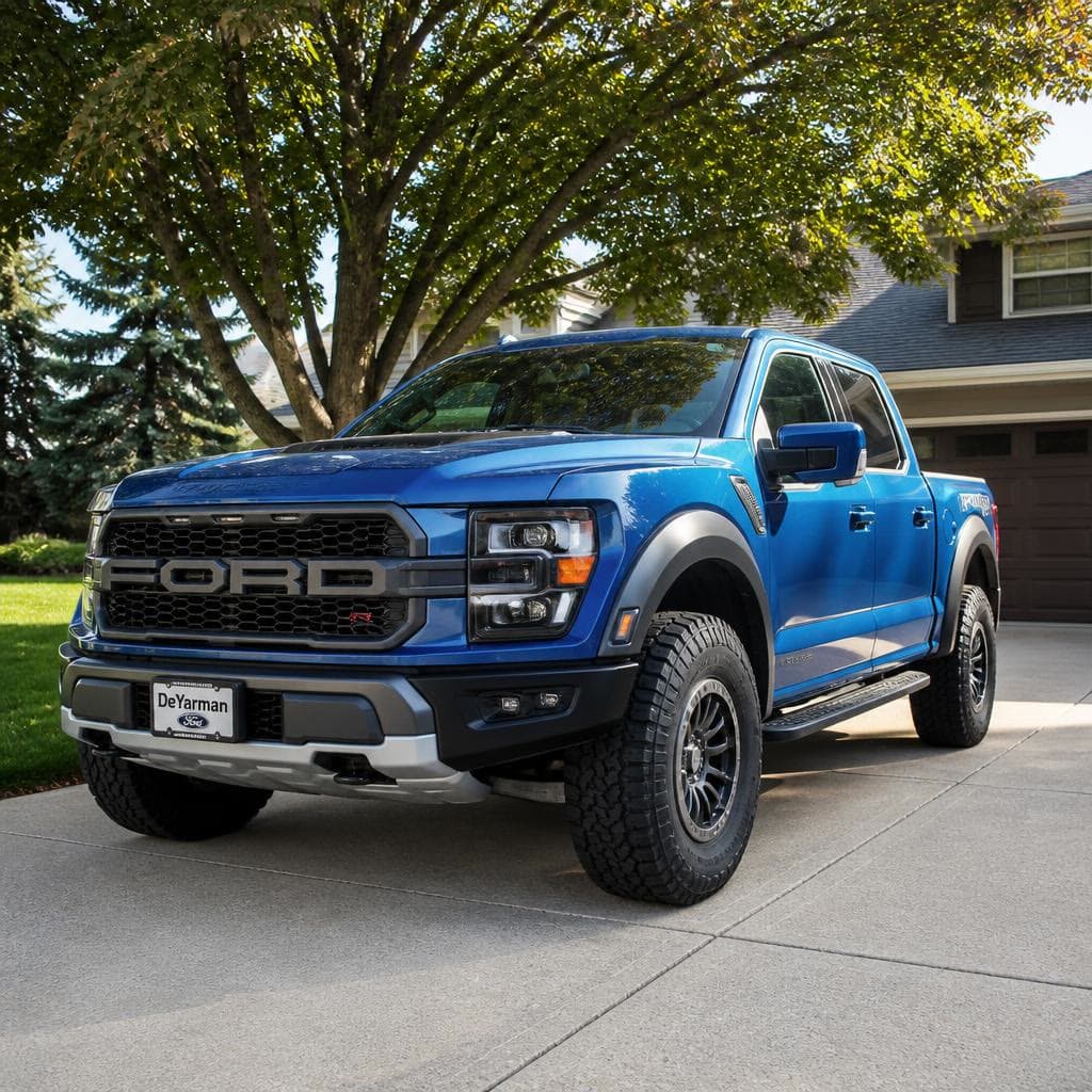 A blue Ford F-150 Raptor in a landscaped driveway.