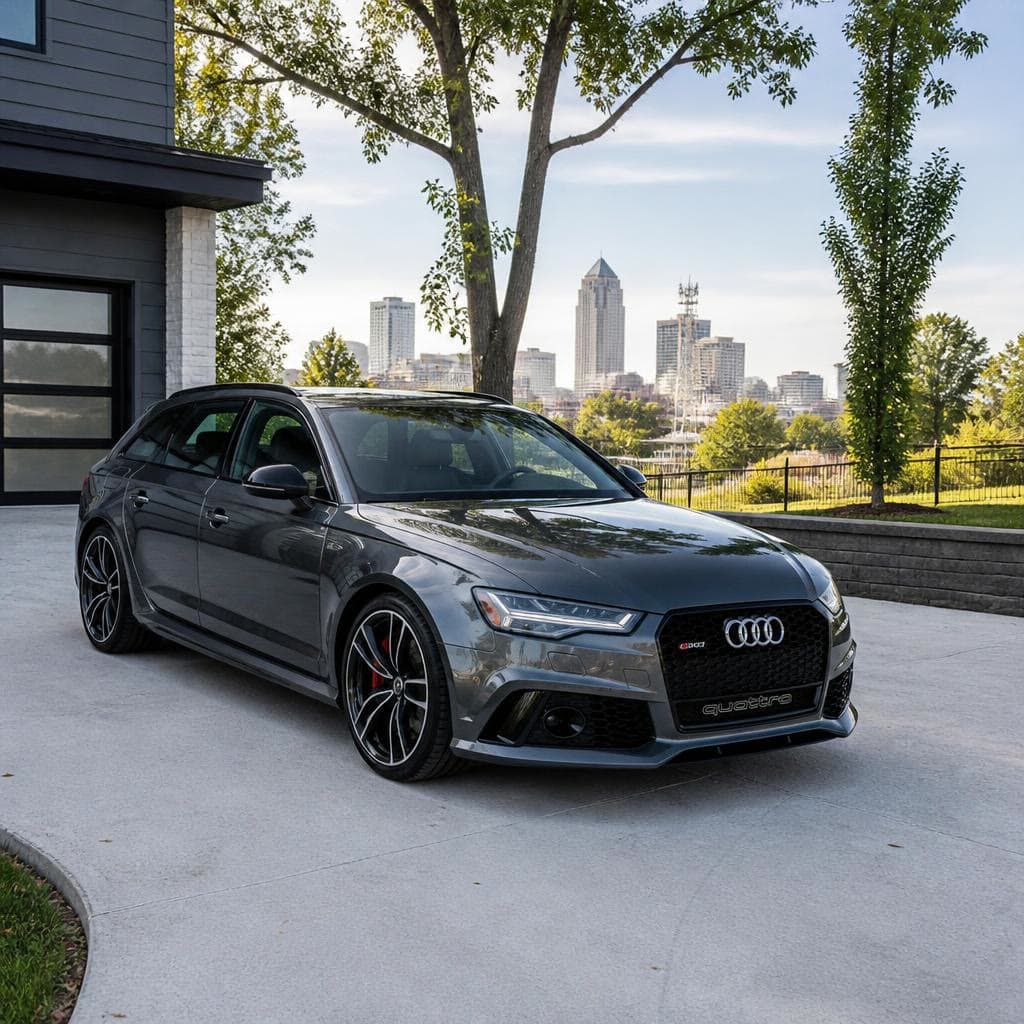 A dark gray Audi wagon in a driveway, with a downtown skyline behind it.