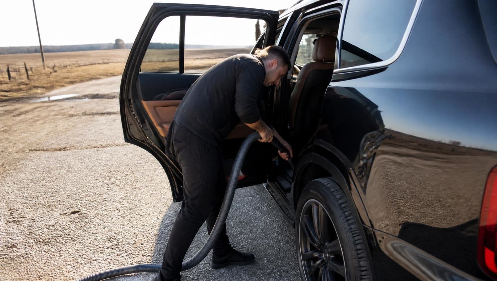 A detailer vacuuming a luxury SUV on a gravel driveway.