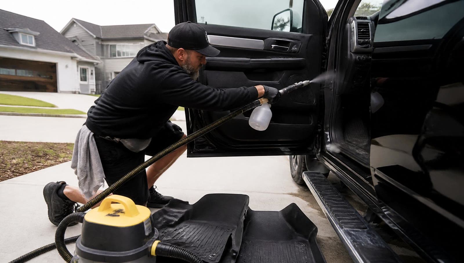 A detailer vacuuming the floor mats of a truck.