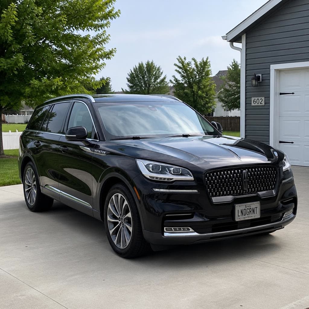 A black Lincoln Aviator in a family driveway.