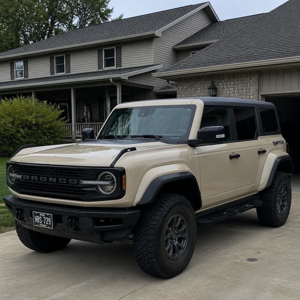 A tan Ford Bronco in a family driveway.