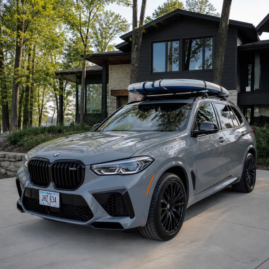 A gray BMW SUV parked with trees behind it.