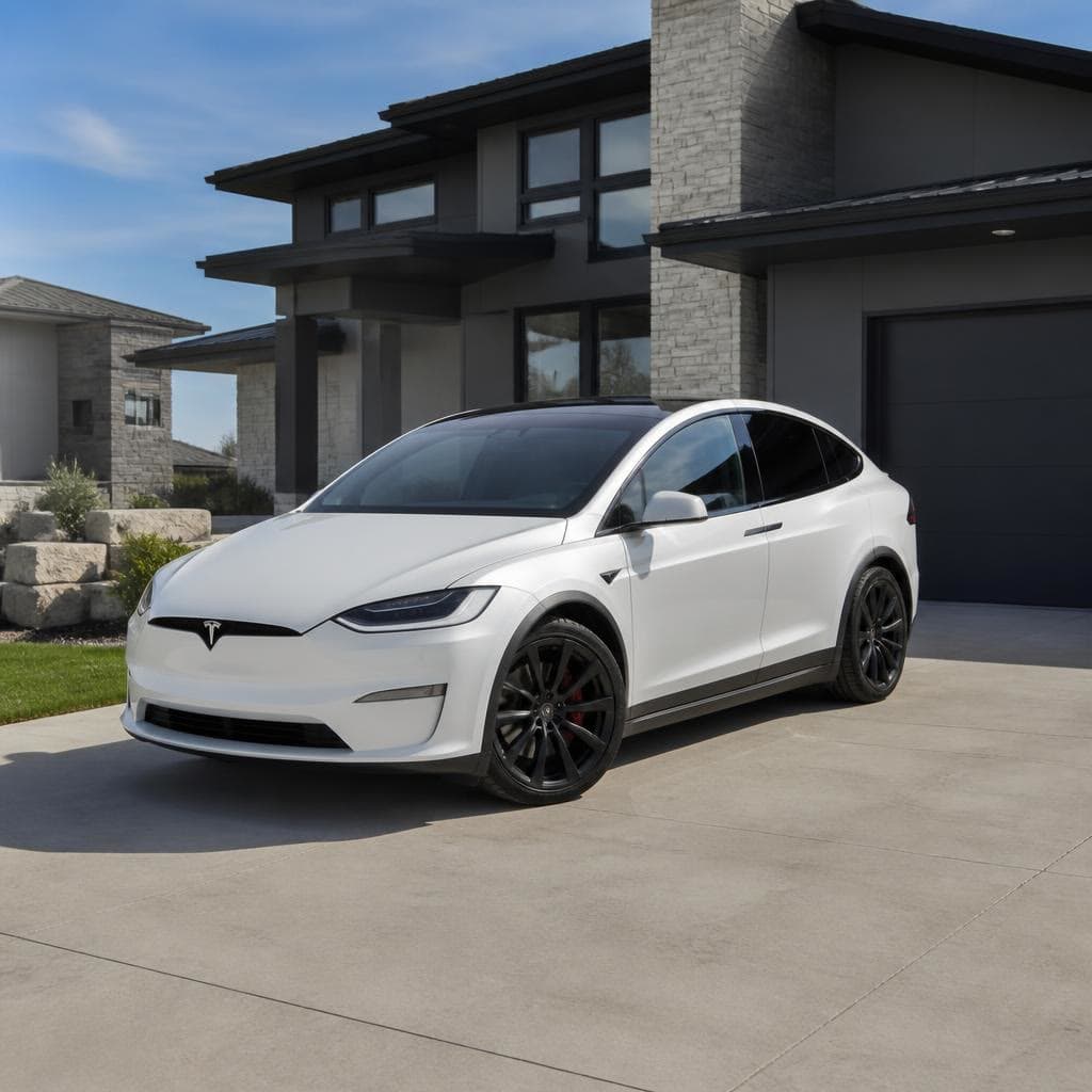 A pearl white Tesla in front of a modern house.